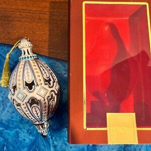 Lenox Brocade Egg Blue Gold Pierced Christmas Holiday Ornament 2003 with Box